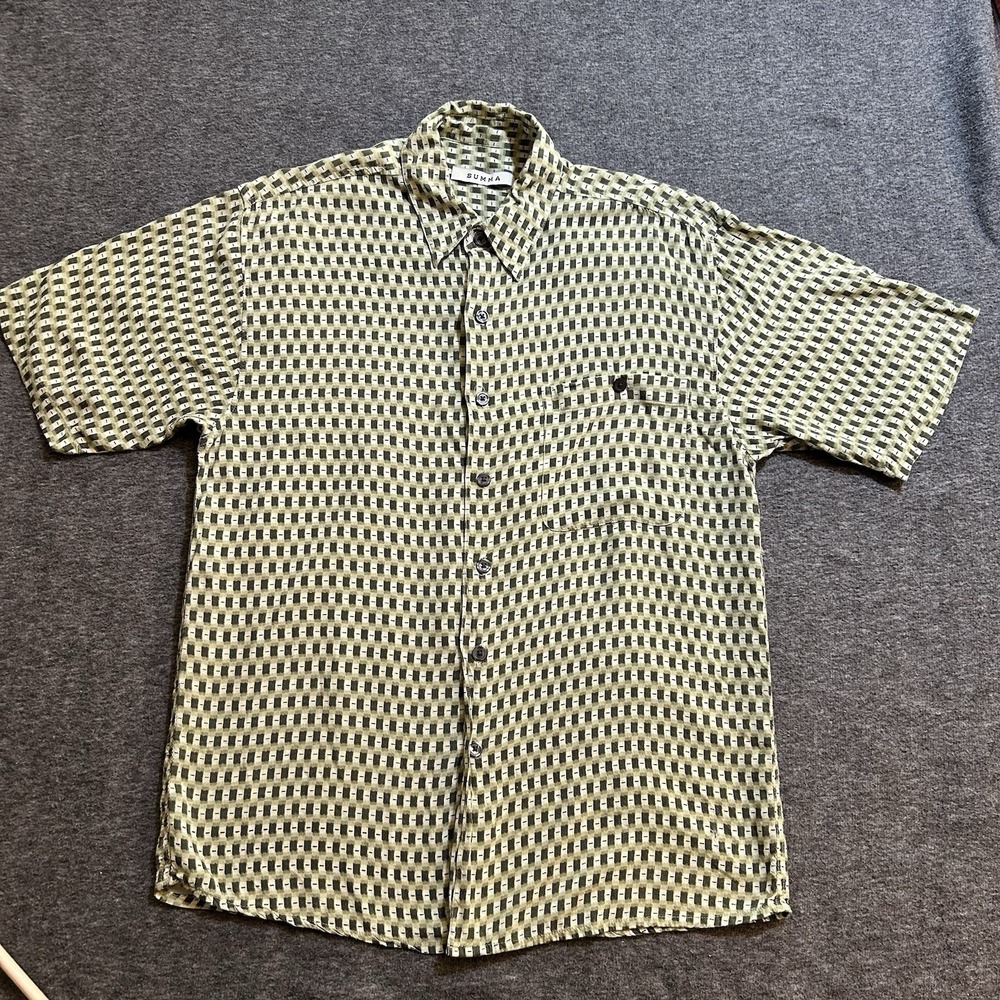 VTG SUMMA Rayon Shirt Men's Medium Green Geometric Pattern Made In Mongolia